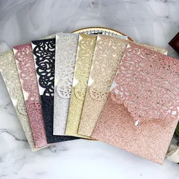 Özel Glitter Paper Lazer Kesim Rhinestone Gül Kart Cep Tebrik Kartları Düğün Partisi Dekoru İçin Set Seti