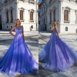 Spitze Lavendel Prom Applikationen Partykleider Sexy Spaghettiträger Perlen Maßgeschneidertes Abendkleid