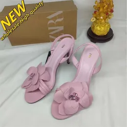 저렴한 상점 90% 할인 도매 샌들 Za New Heel Womens Shoes Rose Open Decoration Water Diamond High Jewelry Round Toe Slim Heels