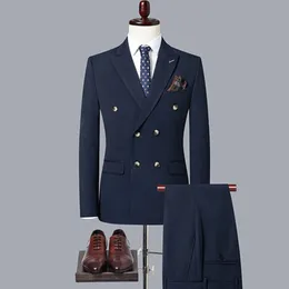 2023 Fashion Mens Casual Boutique Double Breasted Solid Color Business Sacka Jacket byxor byxor 2 datorer Set Blazers Coat 240311