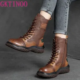 Сапоги Gktinoo 2022 Новые средние сапоги для голени Женщины Осень Зимняя мода Laceup Zipper Botas Mujer Boots Sports Flat с женской обуви