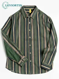Kadın T-Shirt Retro Erkek Yeşil Dikey Çizgili Gömlek Uzun Kollu Pamuk Düğmesi Top Erkek Gömlek Top Kore Sokak Giyim Camisas de Hombre 240322
