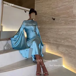 Oloey Simple Light Blue Silk Satin Satin Party Party Fresses Flare Long Sleeves Bateau Neck Woman Women Prom Dress Event Importal240321