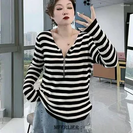 T-shirt da donna Plus Size 6XL 150kg Autunno Donna Harajuku T-shirt a righe Manica lunga Cerniera Collo Camicia casual oversize coreana Top