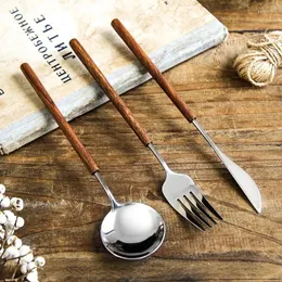 أدوات المائدة مجموعات عتيقة Rosewood Handle Steak Main Dinnife Knife Fork Spoon Stainless Steelder