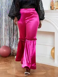 Kadın pantolon kadın fuşya parlak moda parlama pantolon arka fermuar yüksek bel çan dipler doğum günü kokteyl parti etkinliği uzun 2024