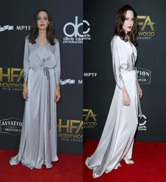 Staubgraue Abendkleider im Angelina-Jolie-Stil mit Ärmeln, Seidenfleck, V-Ausschnitt, sexy Ballkleider, lässige Runway-formale Kleider, Roben d1138770