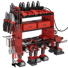 Sttoraboks Modular Organizer Charging Station, Wall Mount Garage 4 Borrhylla rack med krokar, tunga verktygsbatterihållare inbyggd i 8 utloppskraftremsa, 3