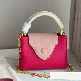 Women Fuchsia dwukolorowa Calfskin Classic Mini Flap Torby Flower Metal Metal Salue Skórzowy pasek Crossbody torebki Multi Pochette Outdoor Sacoche Tourse 20x14cm