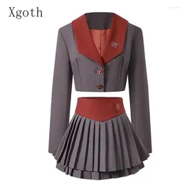 Work Dresses Xgoth Pure Sexy Women Skirt Suits Gray College Lapel Short Jackets Suit Pleated A-line Mini British Preppy Two-piece Sets