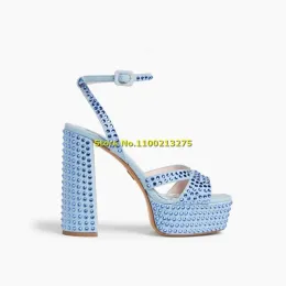 Sandals Crystal Platform Block Heel Sandals Ankle Strap Handmade 2023 New Arrivals Summer Women Sandals Open Toe Dress Shoes