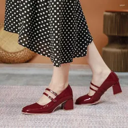 Dress Shoes Pumps Women Patent Leather Square Toe Mary Janes Buckle Straps Sweet Girl Princess Party Handmade High Heel Zapatos Mujer