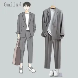 Gmiixder casual blazer kostym för män lösa stiliga unga mogna streetwear eleganta två knappar kappbyxor sitsingle bit 240315