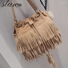 أكياس الكتف 2024 Retro Faux Suede Fringe Women Messenger Tote Handbag Tassel Handbags Crossbody Bag Bolsa Fesmall Na