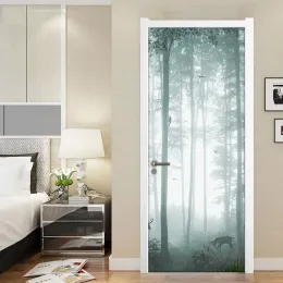 Adesivi Foresta Piccolo Cervo Poster 3D Adesivo per porta Adesivo murale PVC Impermeabile Decalcomanie da muro Carta da parati per soggiorno Camera da letto Porta Decorazioni per la casa