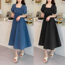 Casual Dresses Ladies Midi Dress Vintage Square Neck Bubble Hylsa med veckad Shirring Elastic Bust A-line Löst hem för kvinnor