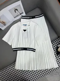 Women's Two Piece Dress Set High Quality Spring New Round Neck Short Top High Waist Pleated Mid length Skirt Fashion Commuting Versatile Set for Women