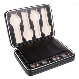 Caixas de relógio PU Caixa de armazenamento de couro mostrando relógios Display Case Bandeja Zippere Travel Jewelry Collector Case-Preto