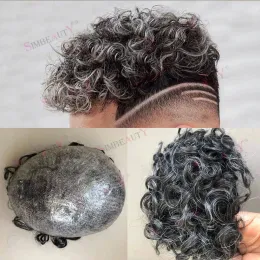 Toupees Wholesale 20mm Curly Durable Full Skin Pu Base Human Hair Toupee Grey Hair Natural Hairline #1B20 Mens Microskin Hairpieces Unit