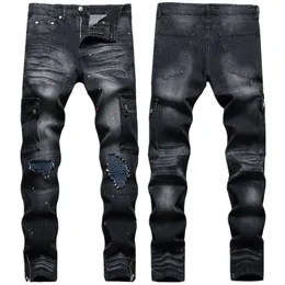 Herren-Jeans mit Knierissen, elastische High-Street-Trend-Spray-Paint-Hose, Slim-Fit-Motorrad-Plisseehose mit kleinem Bein und langer Hose