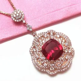 Ciondoli Ciondolo in stile palazzo romantico di alta qualità placcato in oro rosa 14 carati con gemme rosse di lusso, collana di fiori, gioielli da sposa
