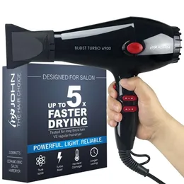 John Professional Ionic Salon Dryer 2200W, kraftfull hårtork, 5x snabb torkning, sprängturbo 6900, svart