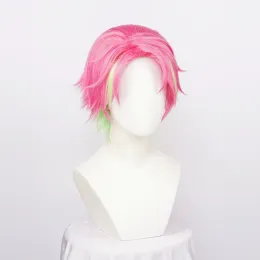 Wigs Kanroji Mitsuri cosplay sintetico verde rosa mista corto capelli di Halloween peli + cappa con parrucca gratuita