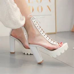 Stövlar Sexig transparent PVC Summer Women Laceup Peep Toe Boots 2024 White Clear Ladies Zipper Fashion Platform Thick Heel Shoes Party