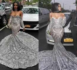 Luxury Silver Sequined Long Sleeve Mermaid Prom Dress for Black Girls Plus Size Court Train African Evening Dresses 20204005922