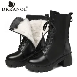 ブーツDrkanol Winter Wool Warm Boots Women High Heel本物のレザープラットフォームストリートスタイルミッドカーフオートバイブーツビッグサイズ41 42 43