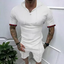 Tute da uomo Felpe con cappuccio Waffle Abiti a due pezzi Uomo Estate Manica corta T-shirt e pantaloncini con cappuccio Completi da uomo Casual Abiti di colore puro