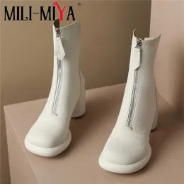 Botas milimiya moda redonda saltos grossos design feminino vaca botas de tornozelo redondo dedo dedo plus size 3442 zíperes médios cor sólida cor