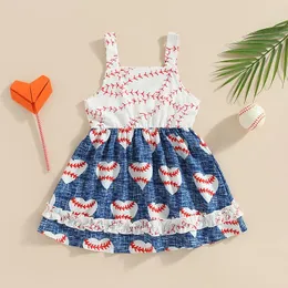 Girl Dresses Toddler Baby Baseball Outfit Sleeveless Love Heart Print Pleated Dress Summer Girls Patchwork