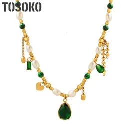 TOSOKO Gioielli in acciaio inossidabile Collana con pendente perla d'acqua dolce turchese Collana con pendente elegante da donna Catena clavicola BSP1219 240311