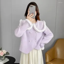 Women's Knits Sweet Doll Collar Imitation Mink Plush Sweater Women Korean Splice Double Breasted Soft Glutinous Solid Warm Loose Winter Coat