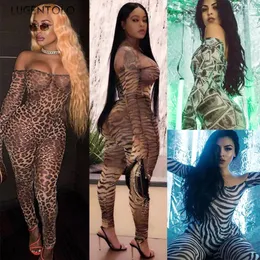 Women's Jumpsuits Lugentolo Women Jumpsuit Sexy Wrapped Chest Print Leopard Tiger Pattern Long Bell Sleeve Casual Tight One Shoulder