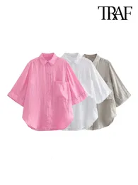 Traf Women Fashion z kieszenią luźne koszule lniane vintage trzy ćwierć rękawy guziki bluzki bluzy blusas eleganckie topy 240322
