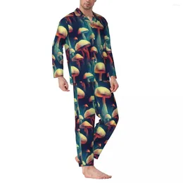 Herren-Nachtwäsche, Pyjama, für Männer, Pilze, Schlaf, Pilz-Druck, 2-teilig, lässige Pyjama-Sets, Langarm, Übergröße, Heimanzug