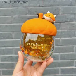 Kupalar En son 8.3oz Starbucks Çift Cam Kupa Akçaağaç Yaprağı Sequin Fox Starbucks Saman Kahve Kupası Özelleştirilmiş Q240322