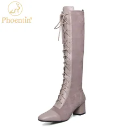 Boots Phoentin Women's Winter High Boots Lace Up Shoes para mulheres 2022 Designer Luxo de luxo de calcaque médio de calcaça quadrada FT2086