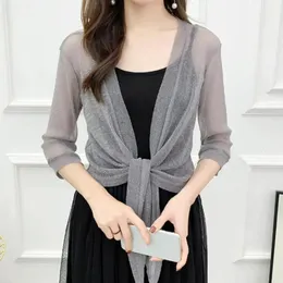 Damen-Cardigan mit Schnürung, transparent, glitzernd, halbärmelig, leichte Sommerjacke, durchsichtige, lockere Bluse, Damen 240322