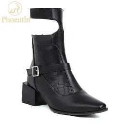 Сапоги Phoentin Big Size 48 Rome Style Women's Women's Angle Boots 2021 Осенью зимний квадратный квадрат высокий каблук на Zip Short Boots Black Ft1749