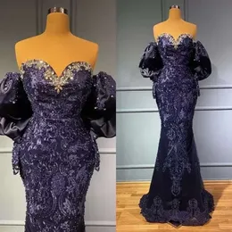 Taglia Araba Plus Aso Ebi Lussuosi abiti da ballo in rilievo di pizzo Memraid Sexy Blu navy da sera formale Abiti da secondo ricevimento per feste