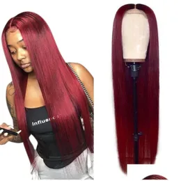 Syntetiska peruker Nya Bury Red Lace Front Human Haired Wig 99J rakt med lugg för kvinnor3378678 Drop Delivery Products DHJU4