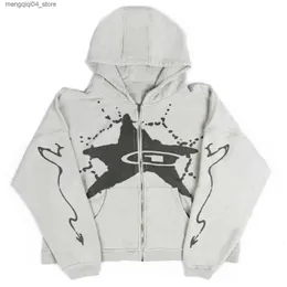 Men's Hoodies Sweatshirts Mens American Retro Star Print Zipper Hoodie for Men Y2K Hip Hop Loose Harajuku Sweatshirt Streetwear Gothic Grunge Clothes 230620 Q240322