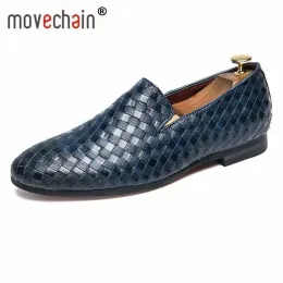 靴MoveChain Vintage Design Men Woven Grain Leather Driving Loafer Mens Flats Moccasins Man Slipon Shoes Plusサイズ