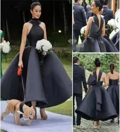 Vestido de Festa Elegant Puffy Black Bridesmaid Dresses Halter Bow Satin Maid of Honor Dresses Length Length Italial Wedding Party G7766559