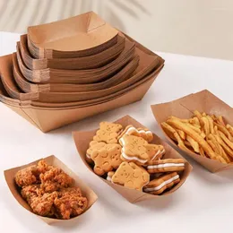 Sacos de armazenamento 100 pcs Resistente a Óleo À Prova D 'Água Kraft Paper Ship-Forma Bandeja Placa Degradável Sobremesa Talheres 100 Bandejas De Alimentos Descartáveis