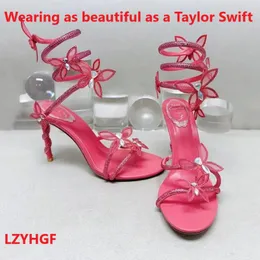 Sandały projektanckie dla kobiet H Sandały Czerwone obcasy dolne krystalicznie kostki okrzykne 10 mm modny pięta sztyletowa dla damskiej letnie sandały rene caovilla