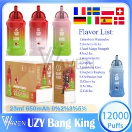 Orijinal Uzy Bang King 12000 Puflar Çubuklar Tek Kullanımlık Vape Kalem E Sigara 23ml Ön Dolgu Pods Kartuşu 650mAh Şarj Edilebilir Pil Puflar 12K